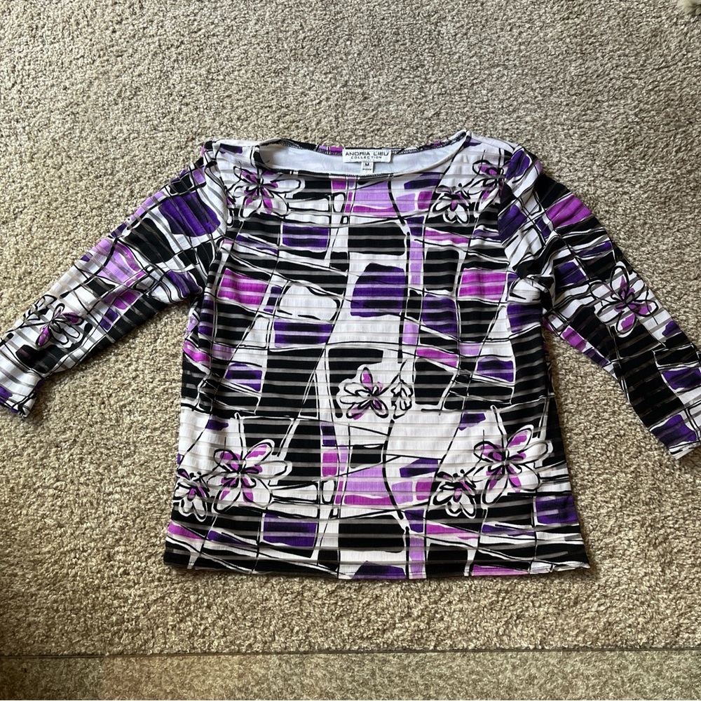 Andria Lieu Collection Purple Women's Top Shirt 3/4 Sleeves, Medium Stretchy